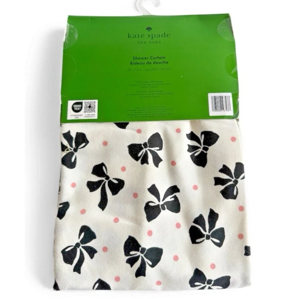 Kate Spade Shower Curtain Fabric Black Bows Pink Polka Dot 72x72 Coquette Chic